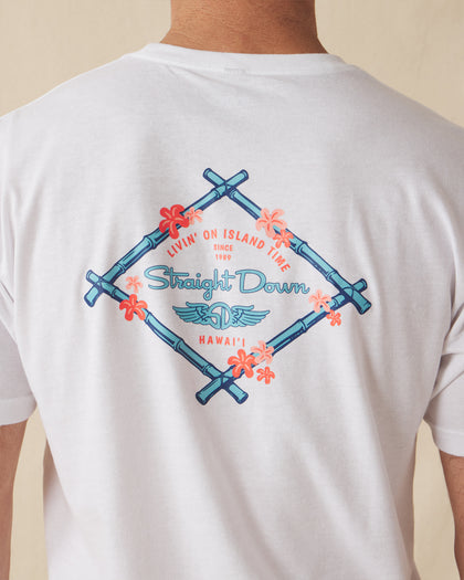 Men's Island Time Tee in White, close-up back detail view of the Straight Down Livin' On Island Time Hawai'i graphic with bamboo diamond frame and coral flowers