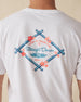 Men's Island Time Tee in White, close-up back detail view of the Straight Down Livin' On Island Time Hawai'i graphic with bamboo diamond frame and coral flowers