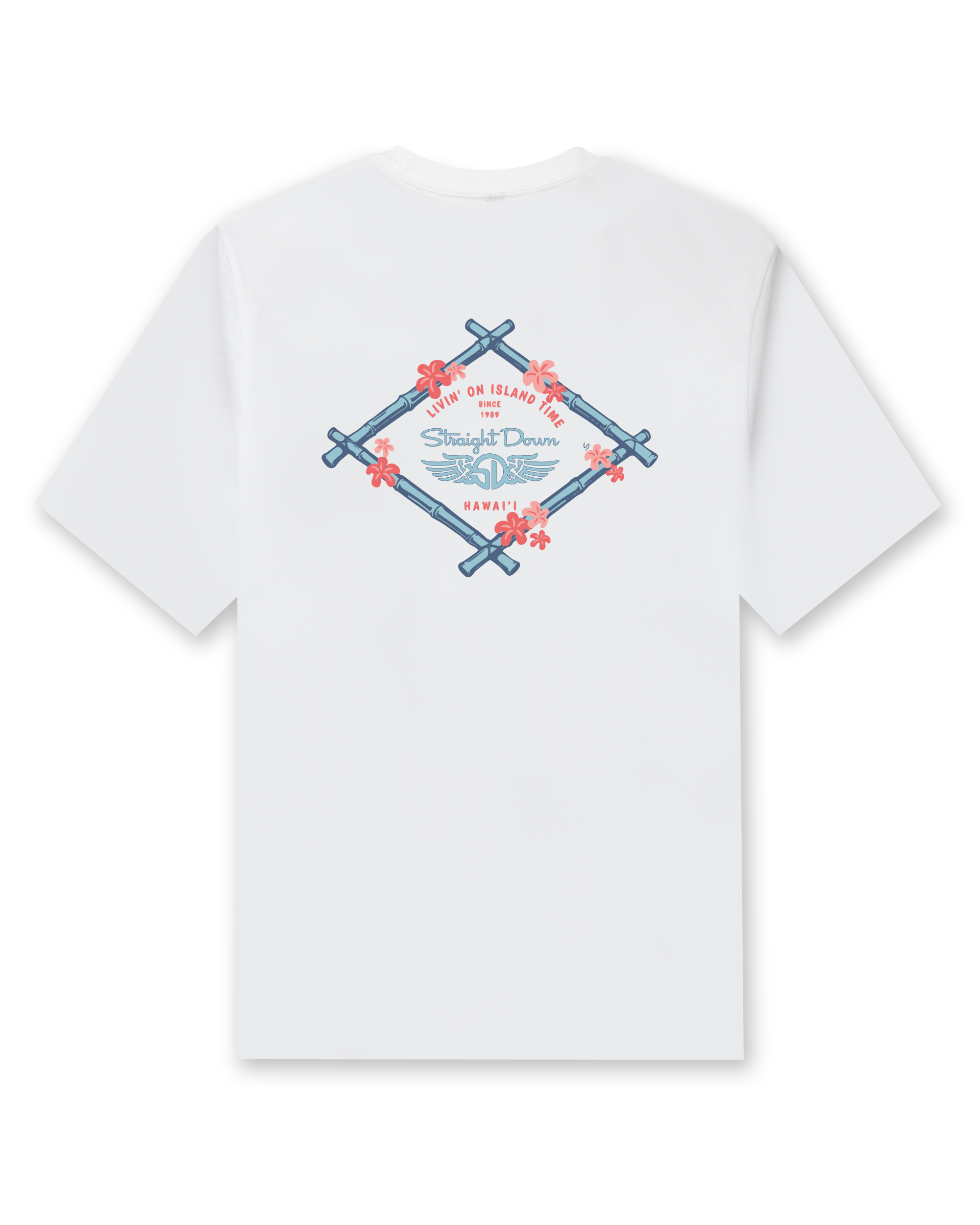 Men's Island Time Tee in White, flat lay back view featuring the Straight Down Livin' On Island Time Since 1989 Hawai'i graphic with a bamboo diamond frame and coral flowers in blue and coral