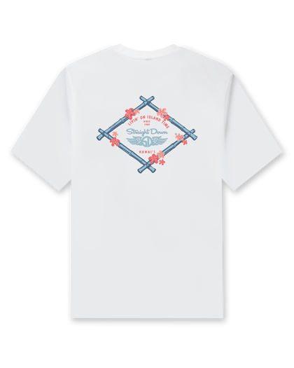 Men's Island Time Tee in White, flat lay back view featuring the Straight Down Livin' On Island Time Since 1989 Hawai'i graphic with a bamboo diamond frame and coral flowers in blue and coral
