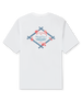 Men's Island Time Tee in White, flat lay back view featuring the Straight Down Livin' On Island Time Since 1989 Hawai'i graphic with a bamboo diamond frame and coral flowers in blue and coral