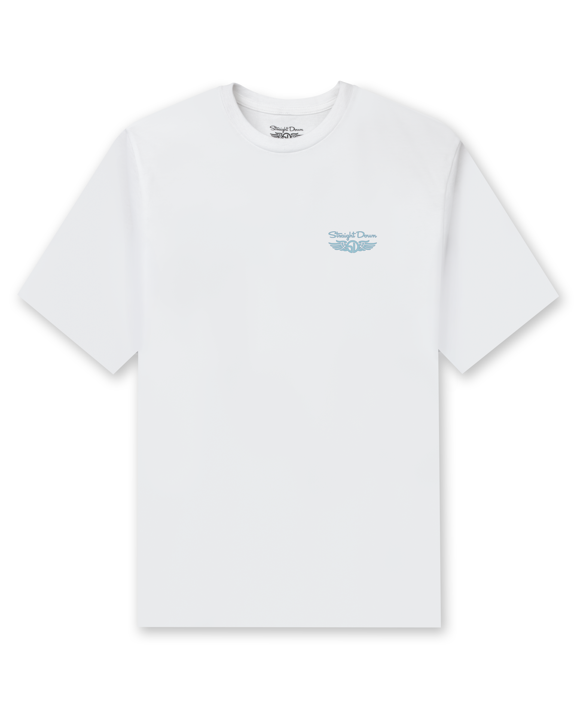 Men's Island Time Tee in White, flat lay front view featuring a white crew neck tee with a small blue Straight Down logo graphic on the left chest