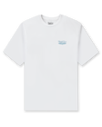 Men's Island Time Tee in White, flat lay front view featuring a white crew neck tee with a small blue Straight Down logo graphic on the left chest