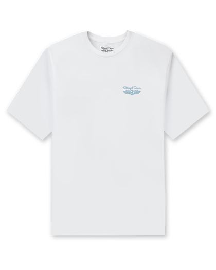Men's Island Time Tee in White, flat lay front view featuring a white crew neck tee with a small blue Straight Down logo graphic on the left chest