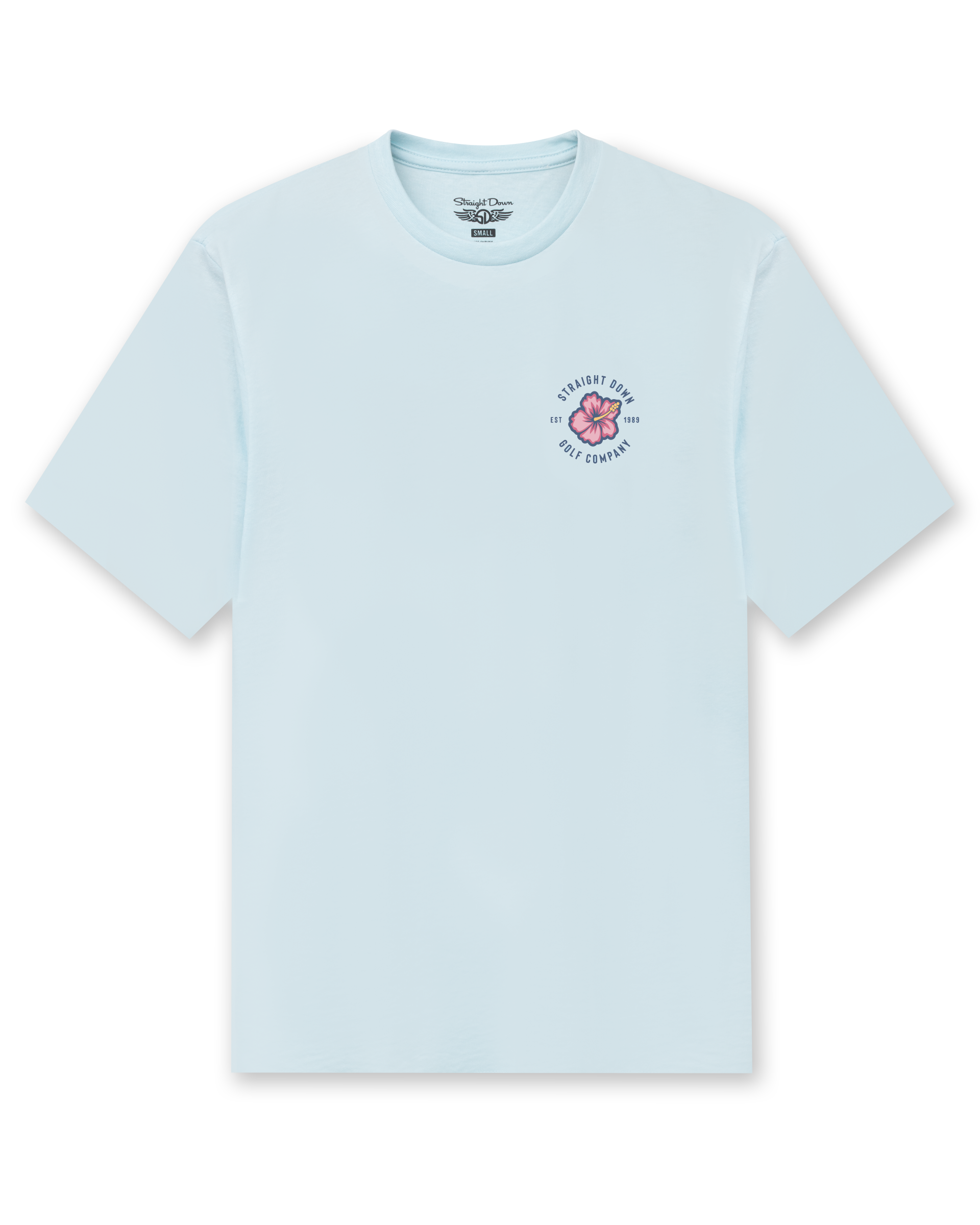Straight Down Hibiscus 89 Tee in Light Blue, flat lay front view featuring the Straight Down Golf Company hibiscus logo on the left chest