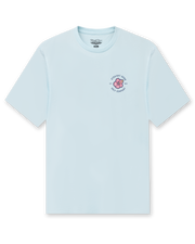 Straight Down Hibiscus 89 Tee in Light Blue, flat lay front view featuring the Straight Down Golf Company hibiscus logo on the left chest