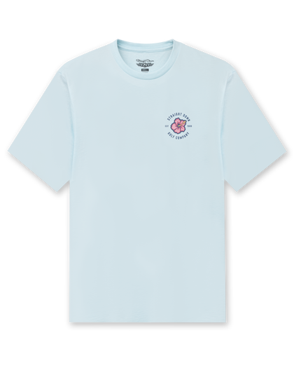 Straight Down Hibiscus 89 Tee in Light Blue, flat lay front view featuring the Straight Down Golf Company hibiscus logo on the left chest