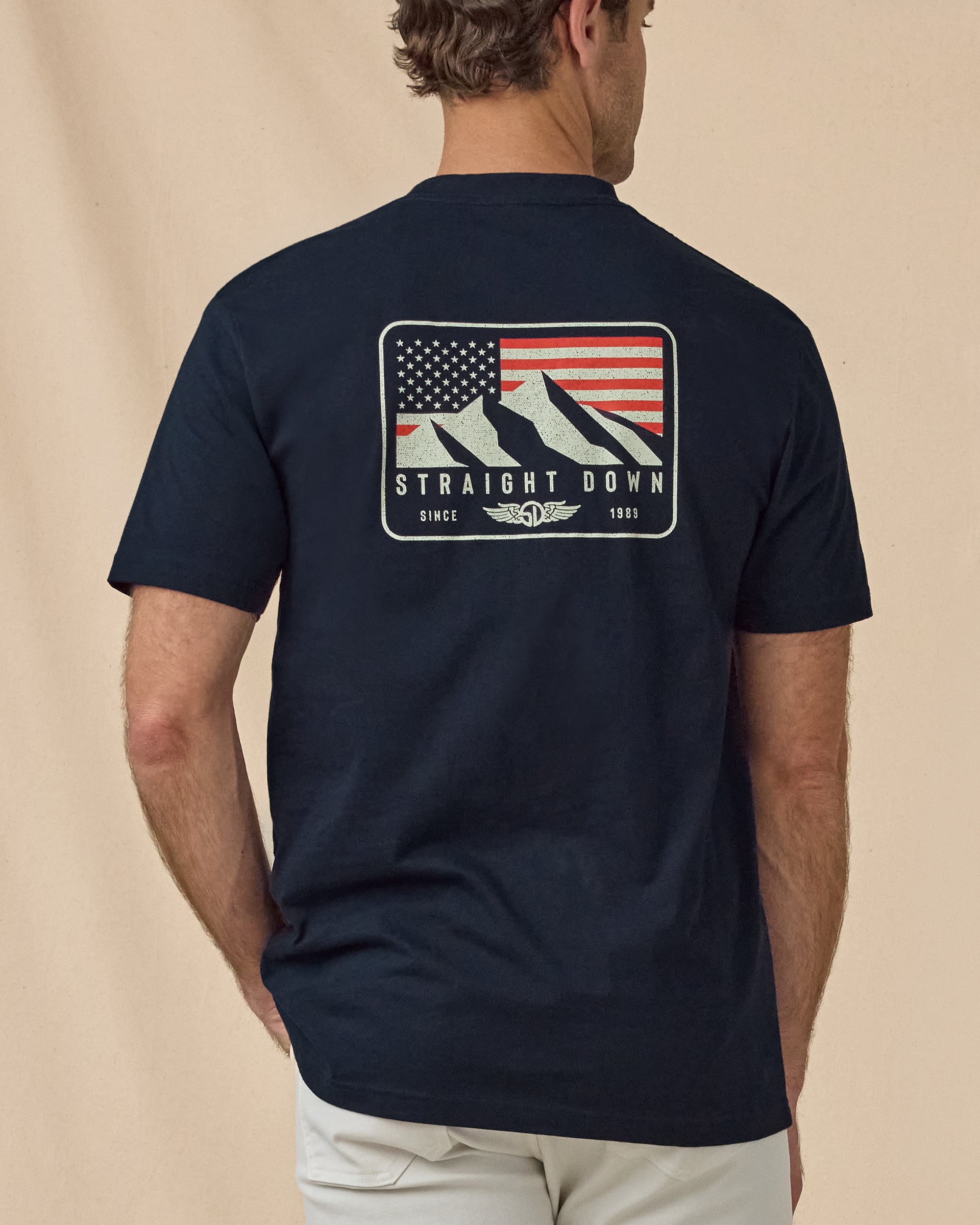 Sierra Tee in Navy, back model view with large graphic print