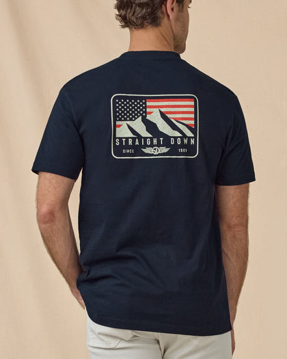 Sierra Tee in Navy, back model view with large graphic print
