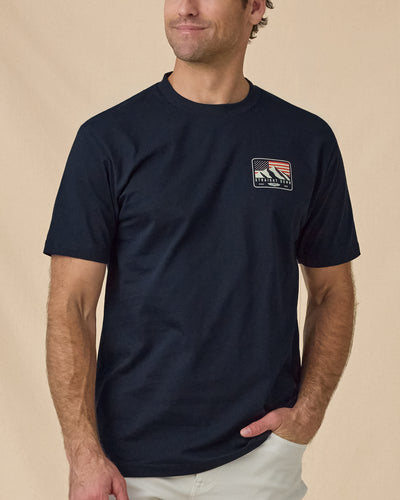 Sierra Tee in Navy, front model view with chest graphic