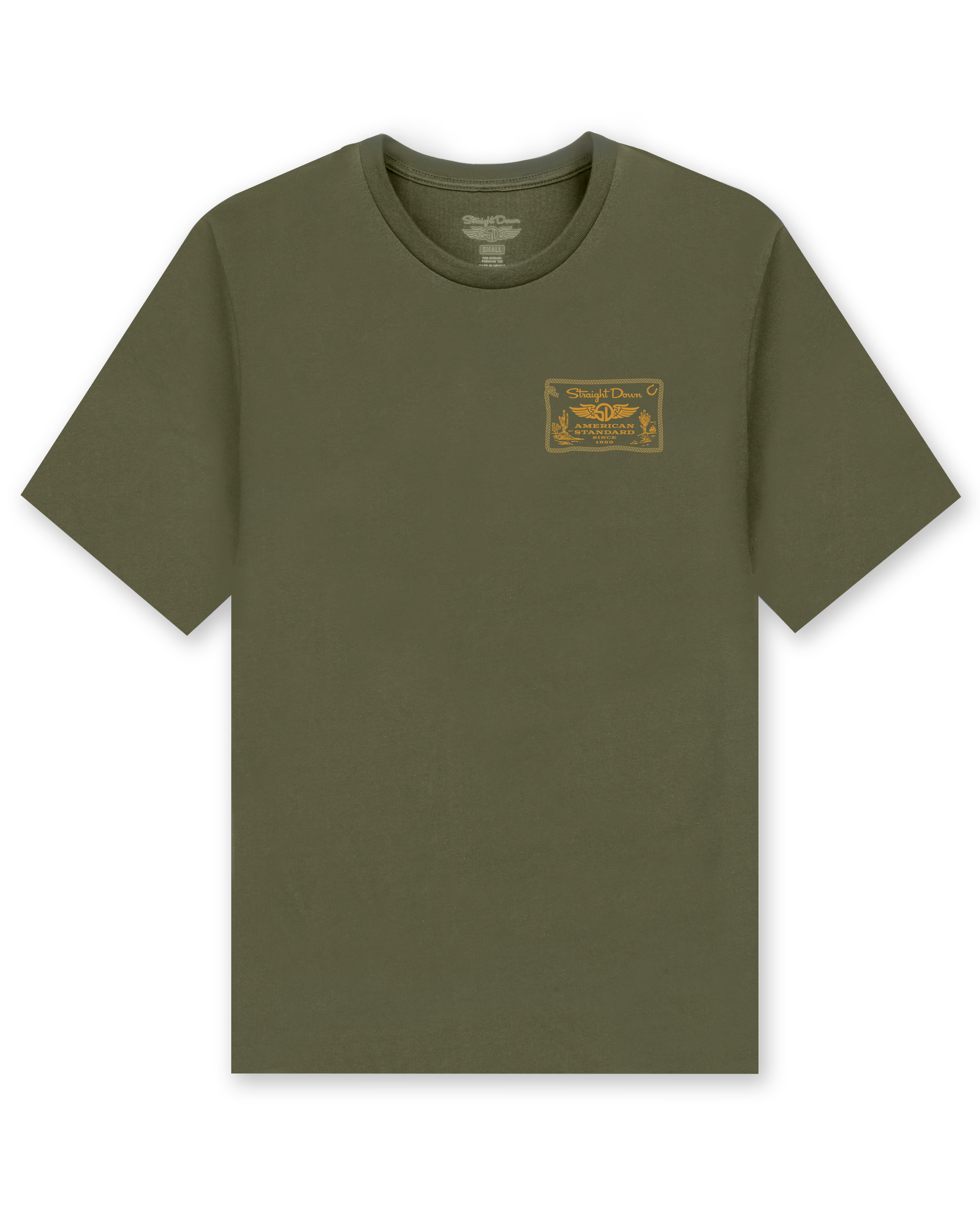 American Standard Tee in Army Green featuring a small gold western-inspired Straight Down graphic on the left chest.