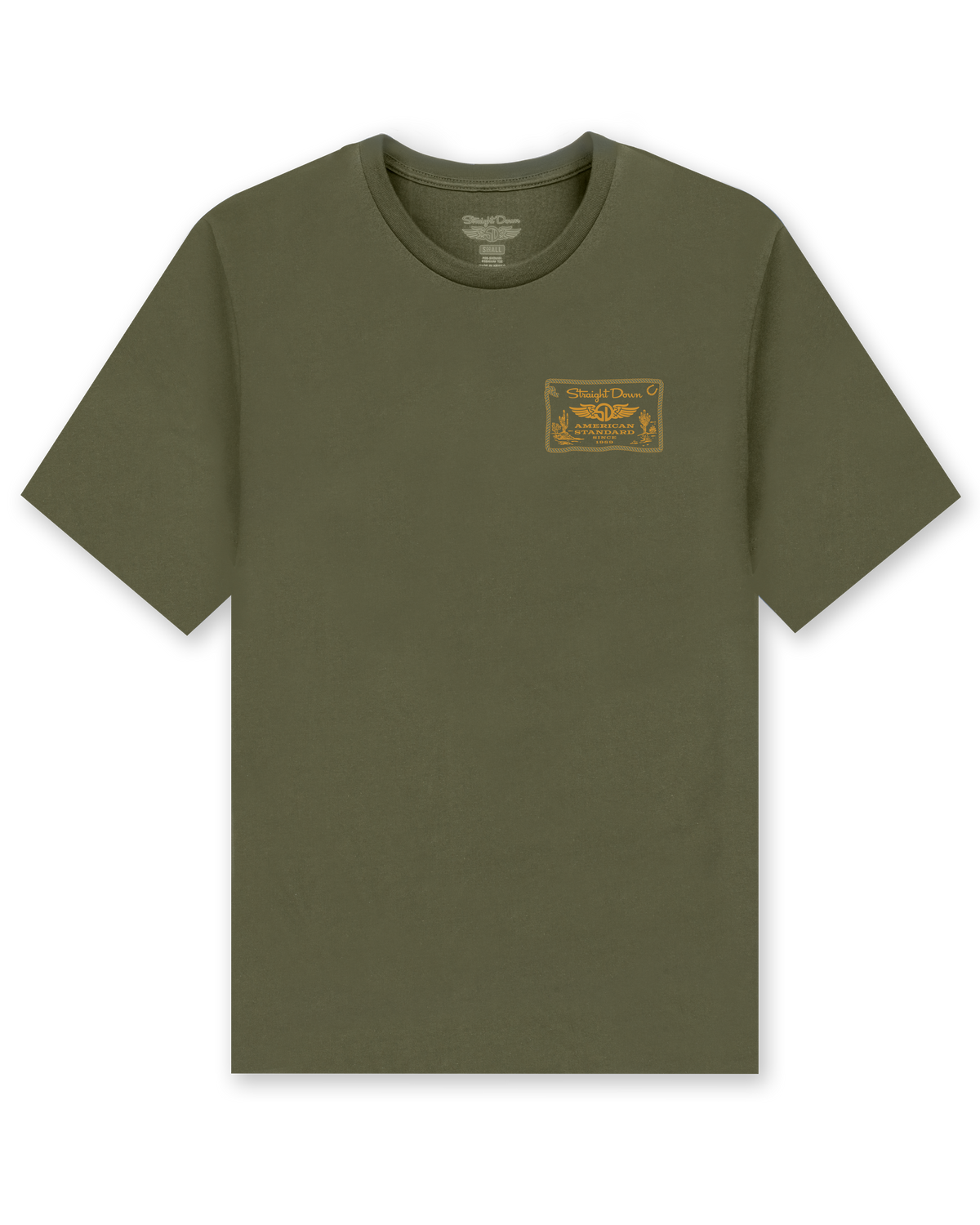 American Standard Tee in Army Green featuring a small gold western-inspired Straight Down graphic on the left chest.