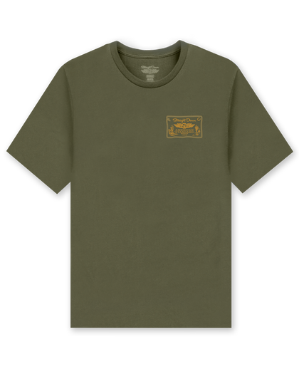 American Standard Tee in Army Green featuring a small gold western-inspired Straight Down graphic on the left chest.