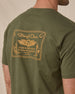 Close-up of the American Standard Tee in Army Green showing the large gold western-inspired Straight Down graphic across the upper back.