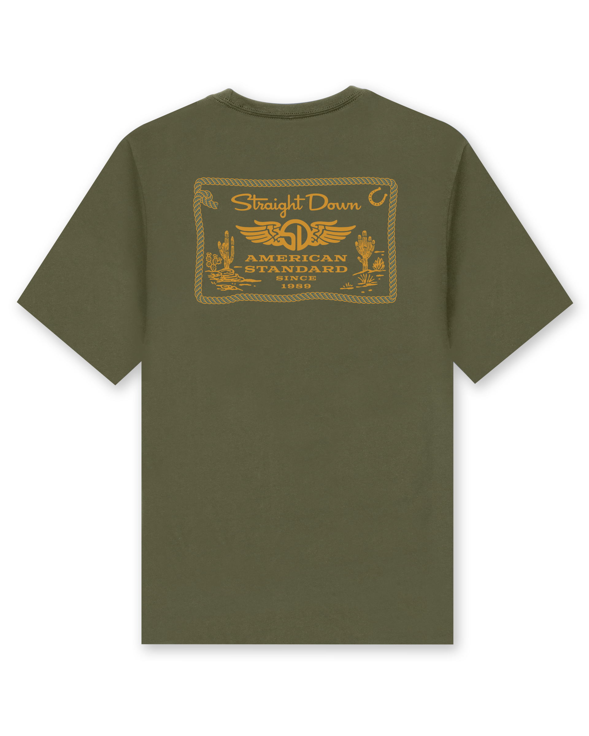 Back of the American Standard Tee in Army Green featuring a large gold Straight Down American Standard graphic with western-inspired details.