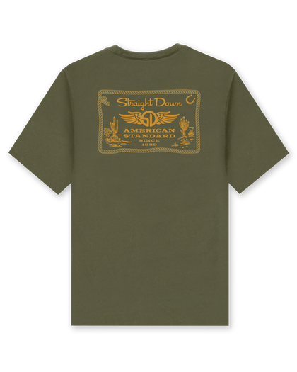 Back of the American Standard Tee in Army Green featuring a large gold Straight Down American Standard graphic with western-inspired details.