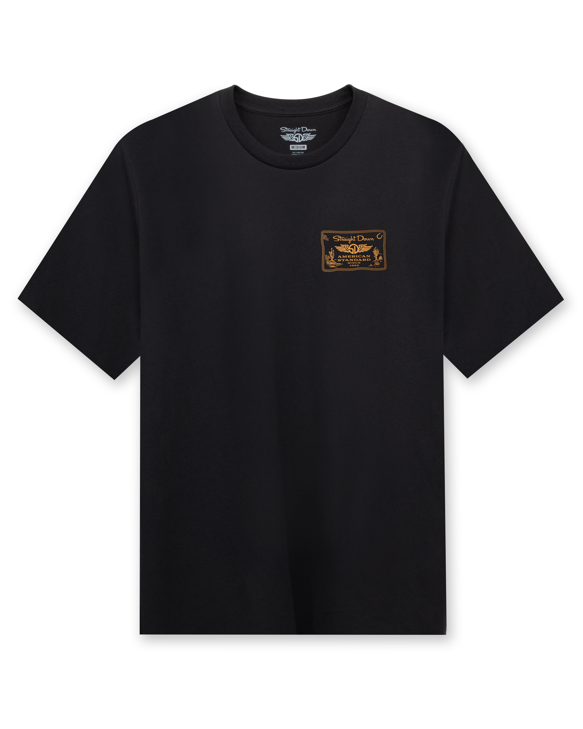 American Standard Tee in Black featuring a small gold western-inspired Straight Down graphic on the left chest.