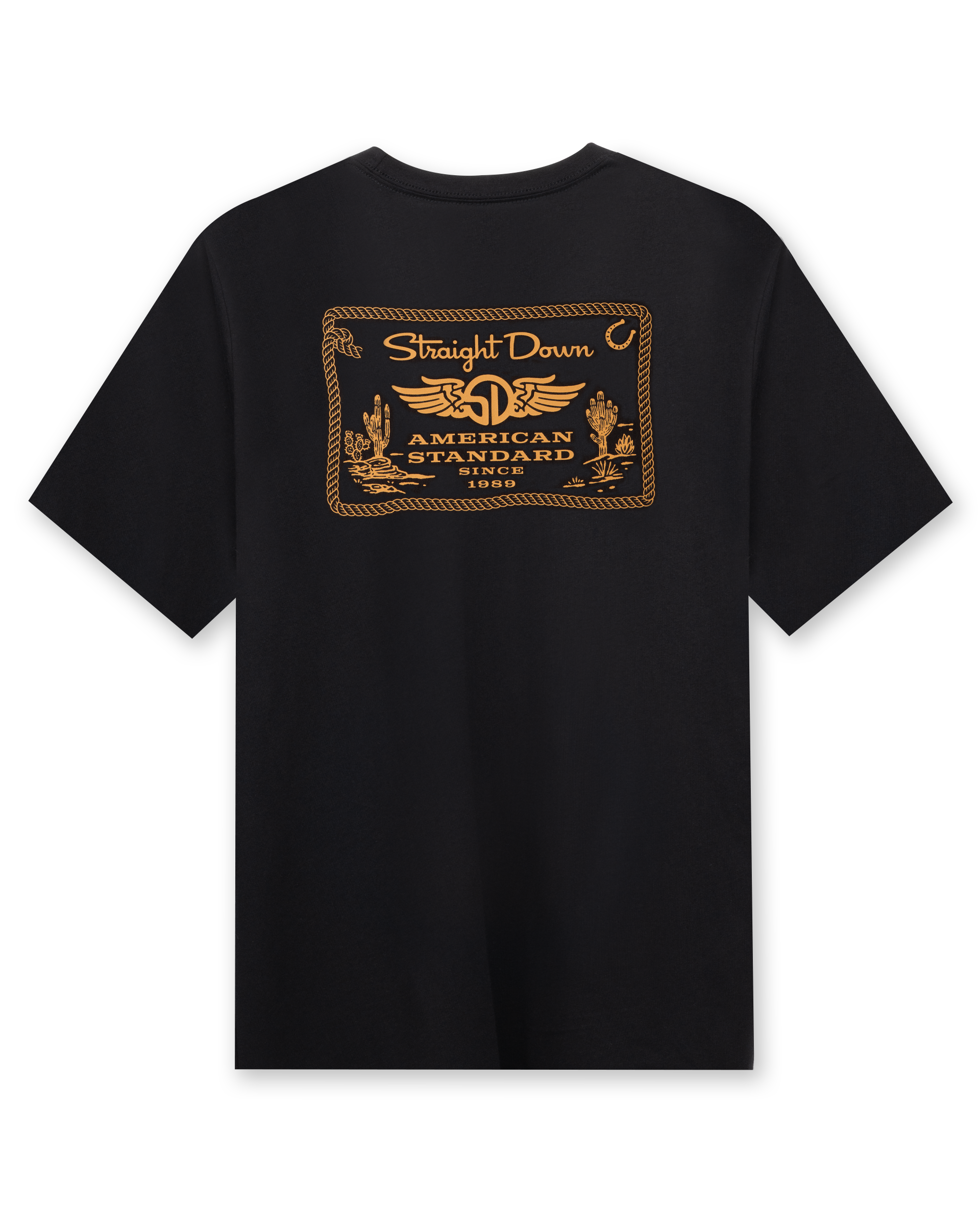 Back of the American Standard Tee in Black featuring a large gold Straight Down American Standard graphic with western-inspired details.