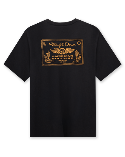 Back of the American Standard Tee in Black featuring a large gold Straight Down American Standard graphic with western-inspired details.