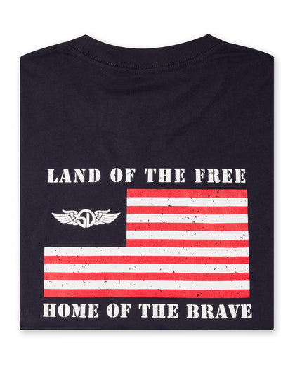 Free & Brave Tee in Navy, back graphic detail close-up view