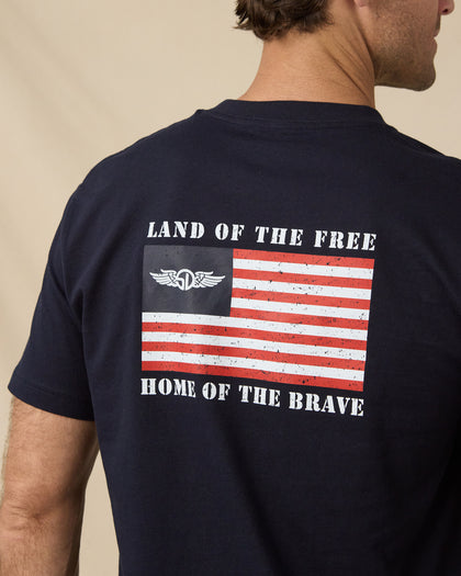 Free & Brave Tee in Navy with “Land of the Free, Home of the Brave” back graphic detail