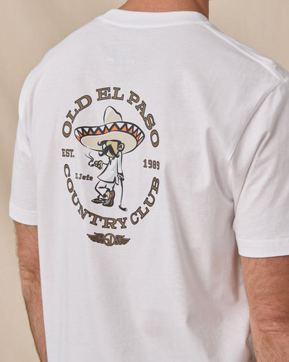 Close-up of the Old El Paso Tee in White showing the large Old El Paso Country Club graphic with a western golfer illustration.