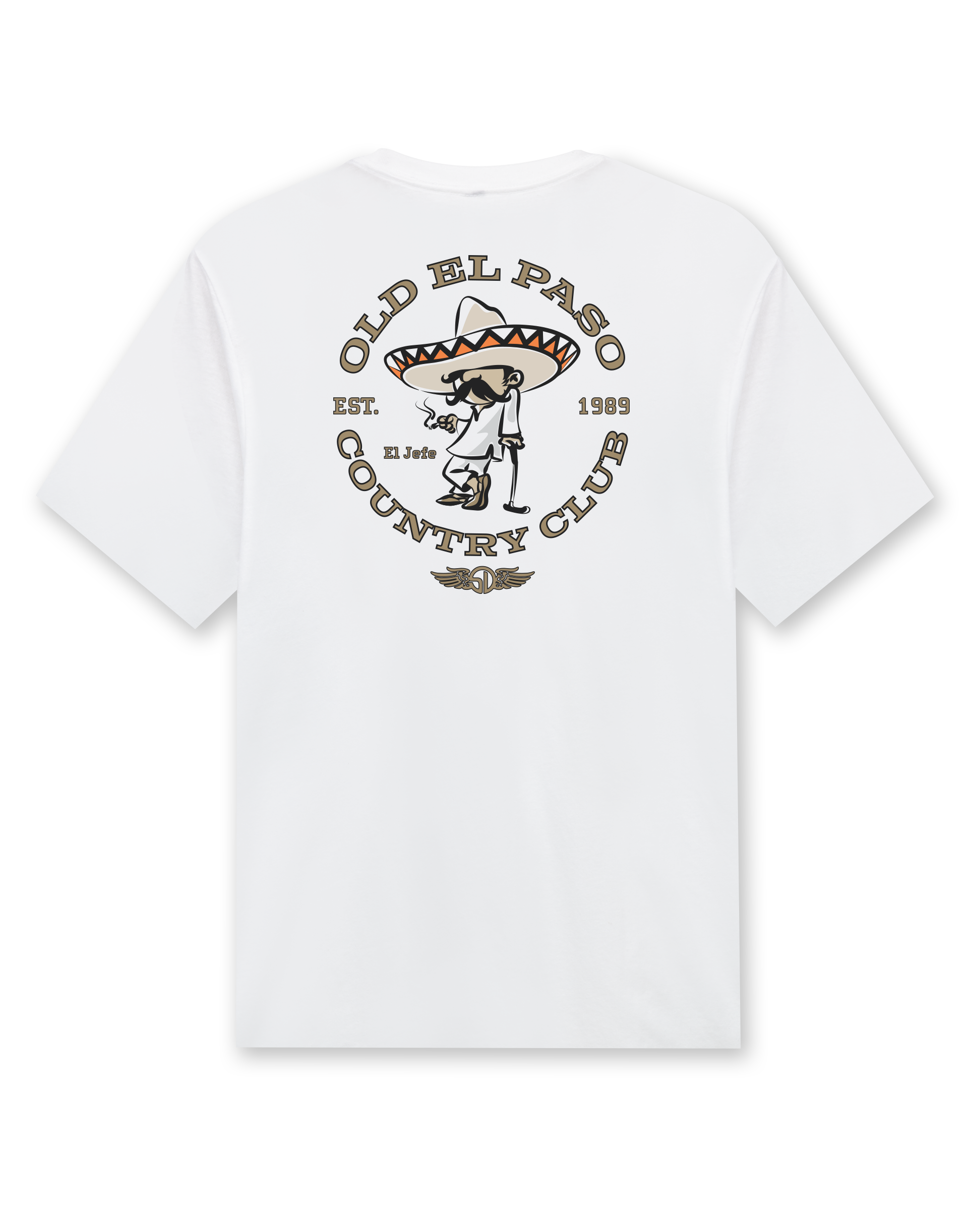 Back of the Old El Paso Tee in White featuring a large Old El Paso Country Club graphic with a western golfer illustration.