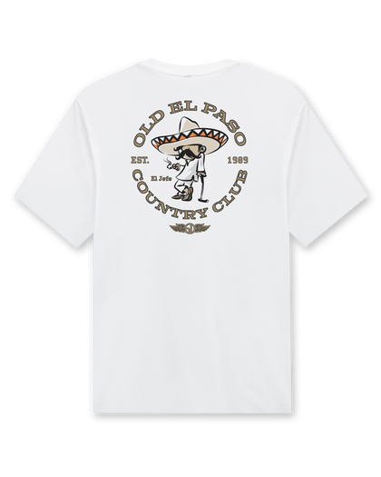 Back of the Old El Paso Tee in White featuring a large Old El Paso Country Club graphic with a western golfer illustration.