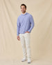 Model styled in the Hermosa Hoodie in Tidal Blue with white pants
