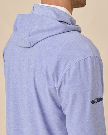 Close-up of the Hermosa Hoodie in Tidal Blue showcasing the embroidered Straight Down logo on the sleeve
