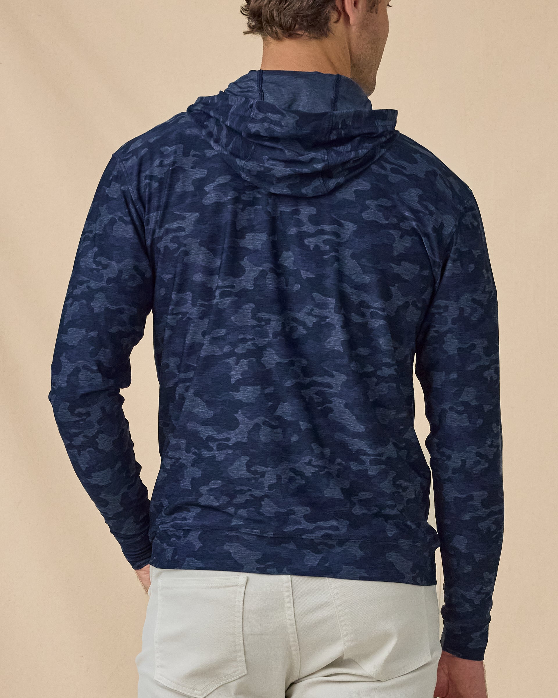 Men’s Commander Hoodie in New Indigo camouflage print, back view