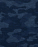 A close-up of a textured fabric with a dark blue camouflage pattern in multiple shades of navy and blue.