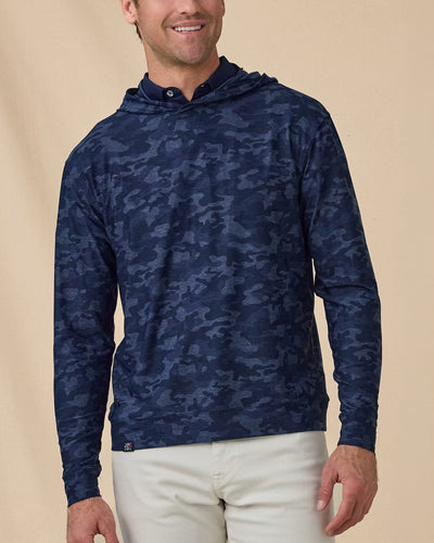 Men’s Commander Hoodie in New Indigo camouflage print, front model view
