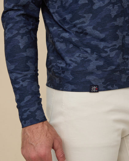 Commander Hoodie in New Indigo camouflage print, sleeve and hem detail close-up