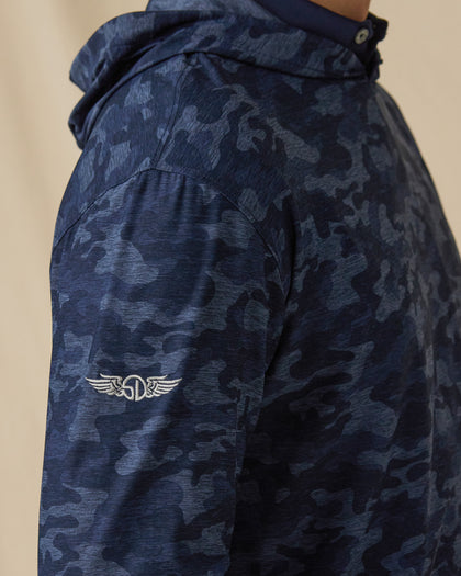 Commander Hoodie in New Indigo camouflage print, sleeve logo detail close-up
