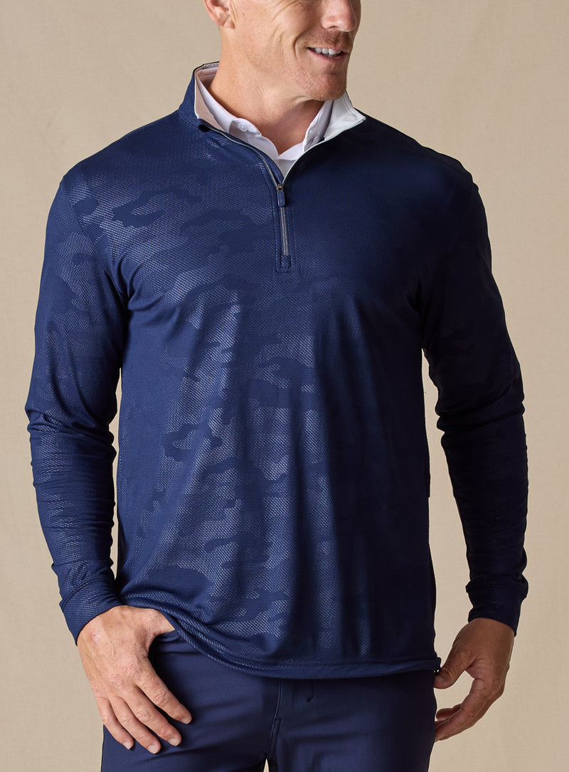 Sherman Quarter Zip in new indigo dark blue, front model view