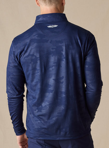 Sherman Quarter Zip in new indigo dark blue, back view