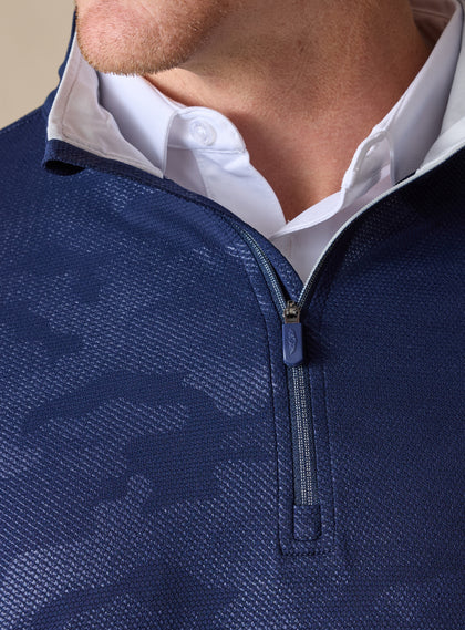 Sherman Quarter Zip in new indigo dark blue, collar and zipper detail view