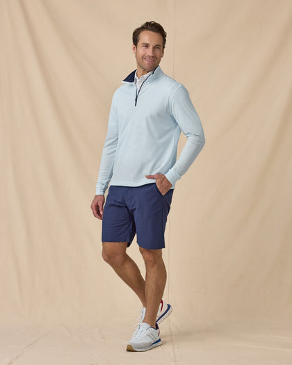 Men’s Sherman Quarter Zip in Nantucket Blue, styled full outfit view with dark shorts