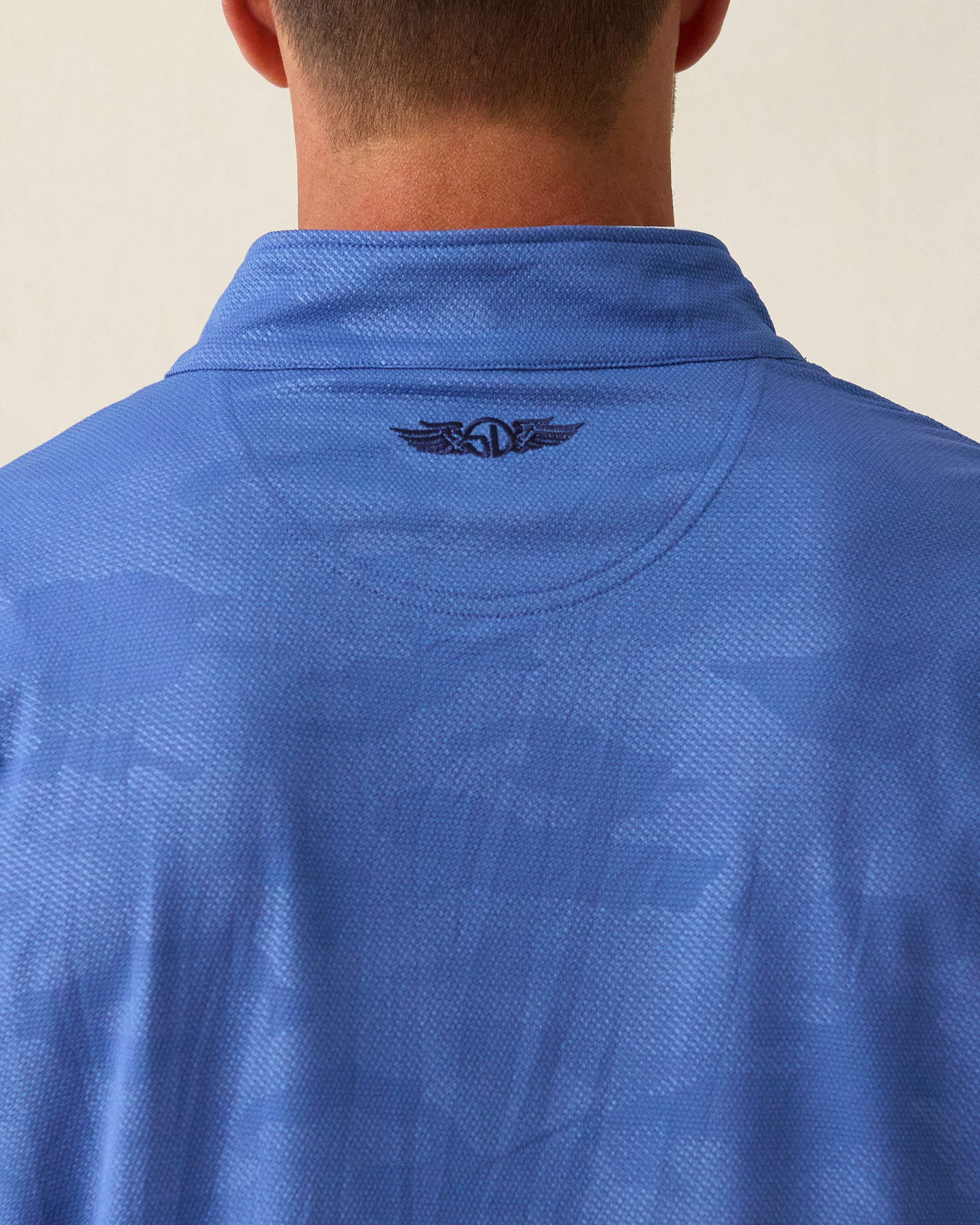 Sherman Quarter Zip in moonlight blue, back logo and fabric detail view