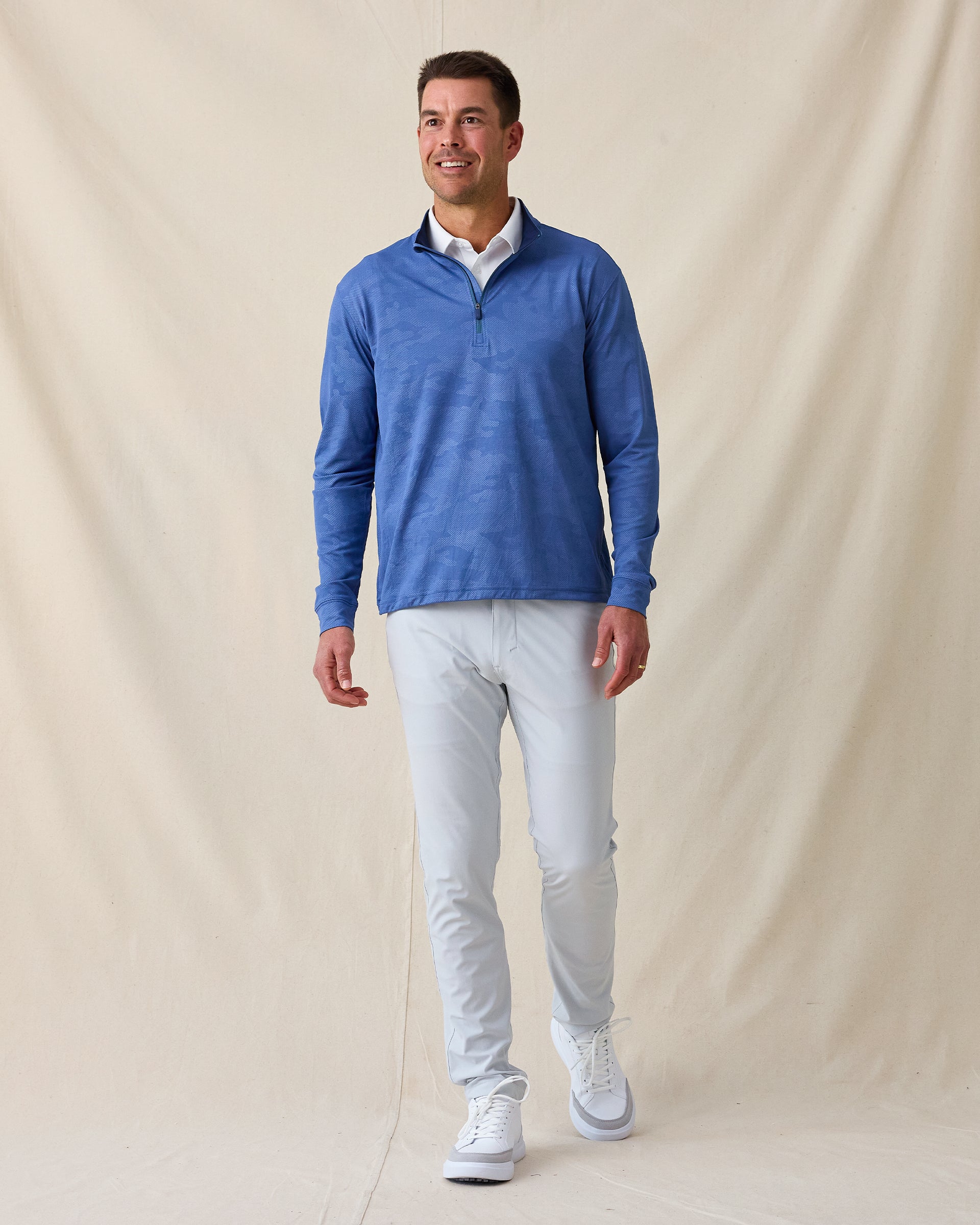 Sherman Quarter Zip in moonlight blue, full outfit styled with light pants