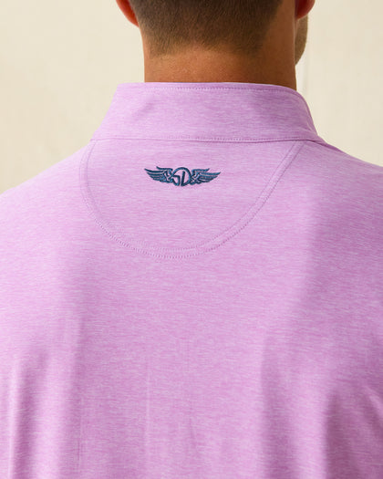 Close-up of back neck showing embroidered Straight Down winged logo on pink pullover.