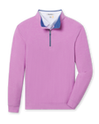 Heather pink long sleeve quarter-zip pullover with blue contrast collar lining and zipper placket.