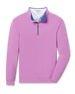 Heather pink long sleeve quarter-zip pullover with blue contrast collar lining and zipper placket.