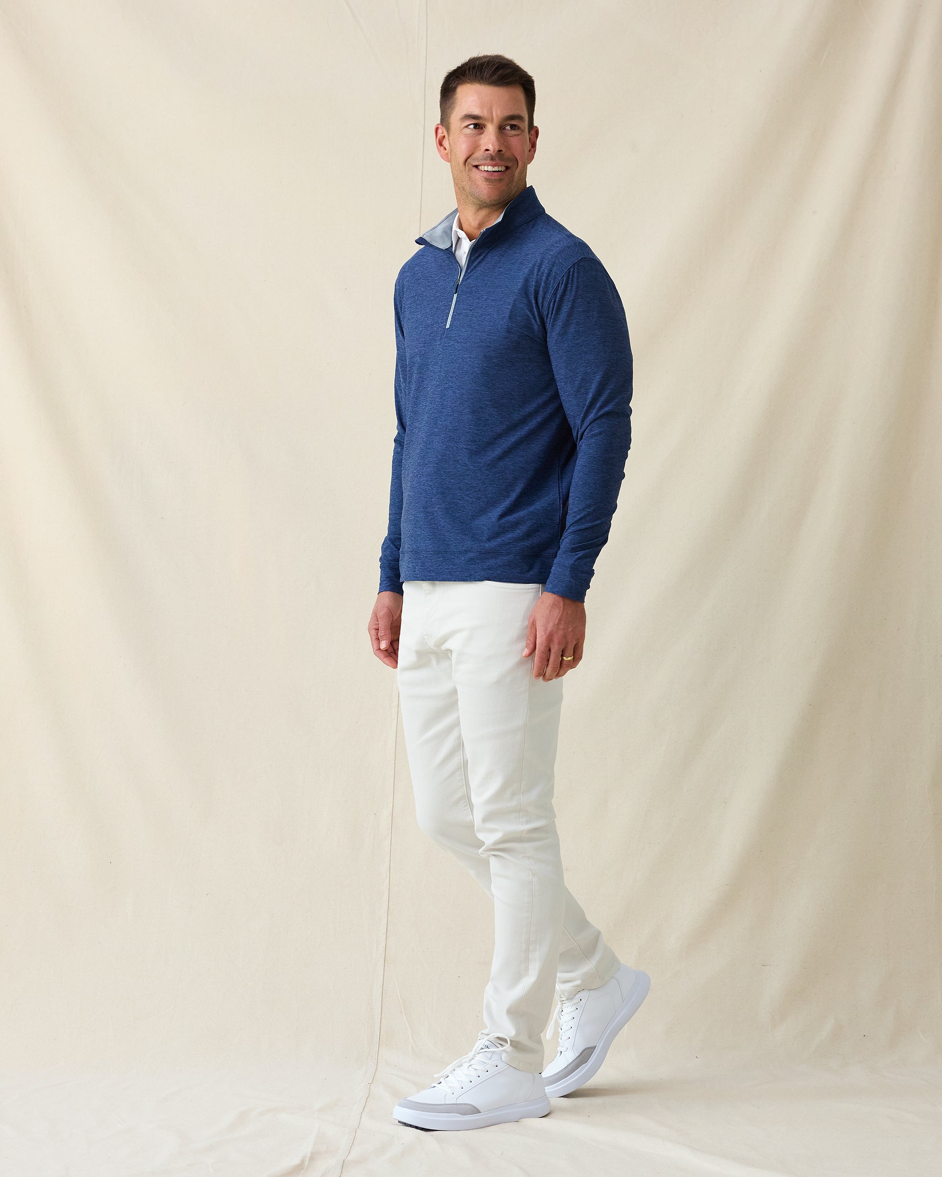 Oceanside 2.0 Quarter Zip in navy, full outfit styled with light pants
