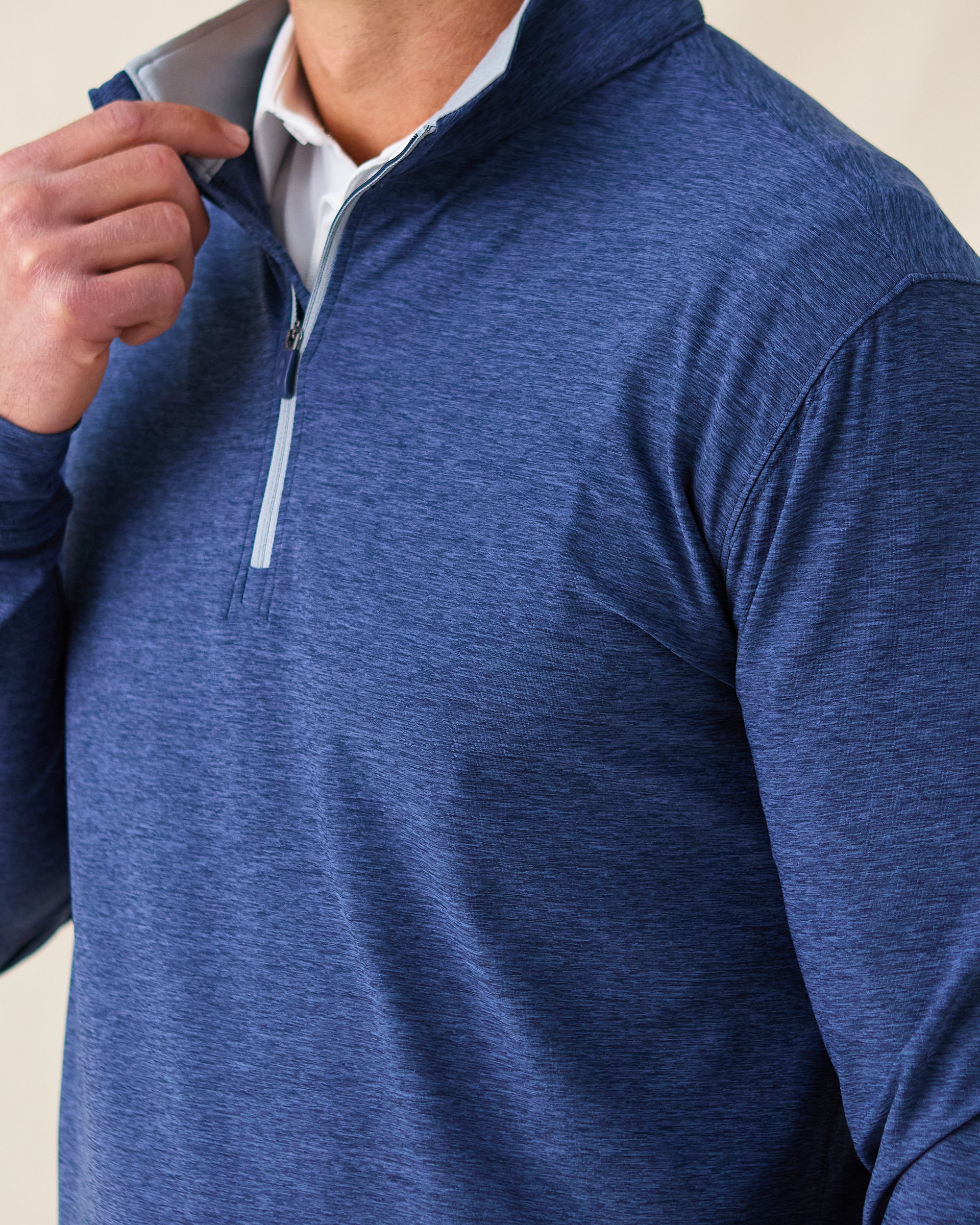 Oceanside 2.0 Quarter Zip in navy, collar and fabric detail view
