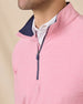 Close-up of the Oceanside 2.0 Quarter Zip in Punch Pink showcasing the contrast navy collar lining, quarter-zip placket, and soft heathered fabric