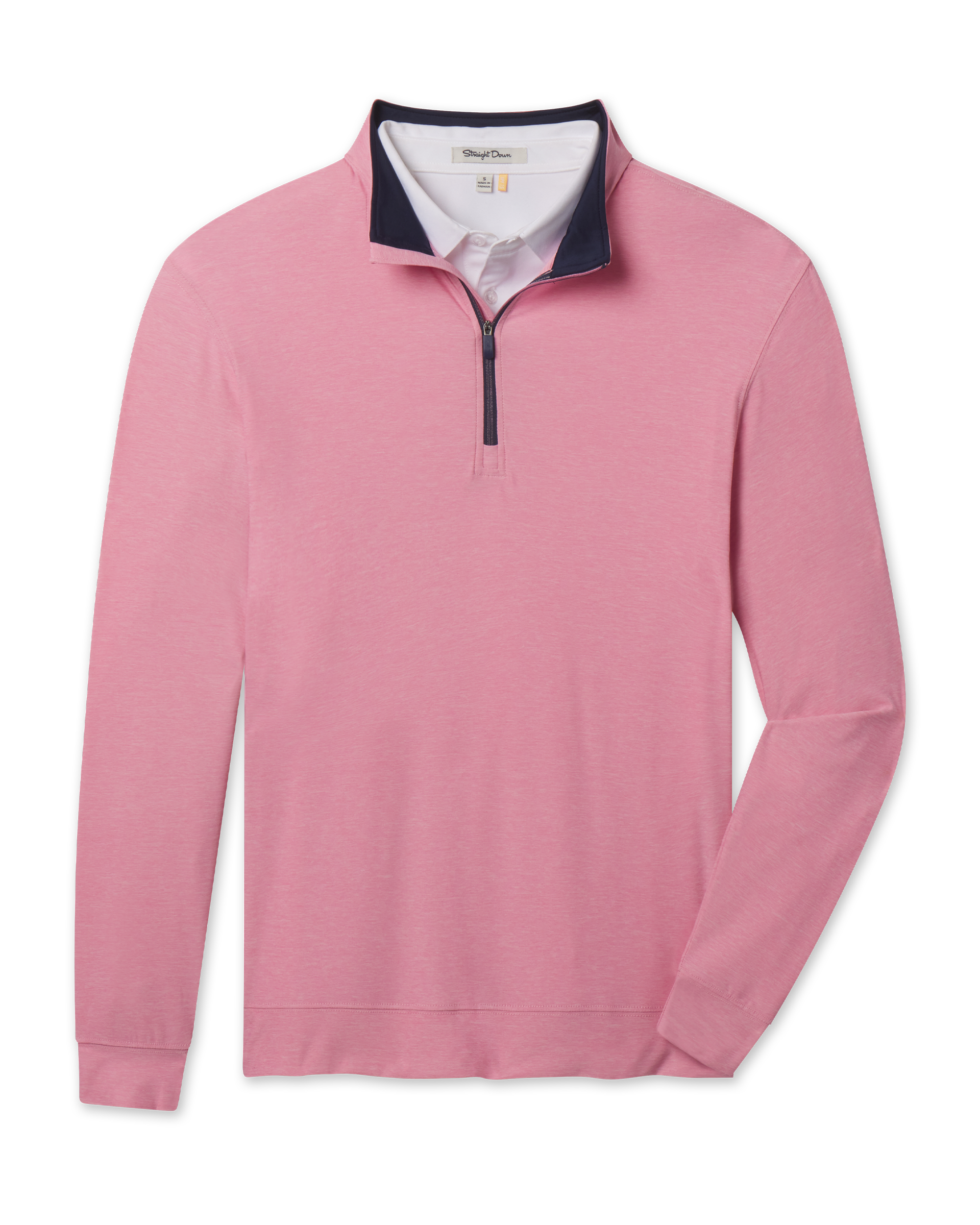 Oceanside 2.0 Quarter Zip in Punch Pink with a heathered finish, contrast navy collar, and quarter-zip design