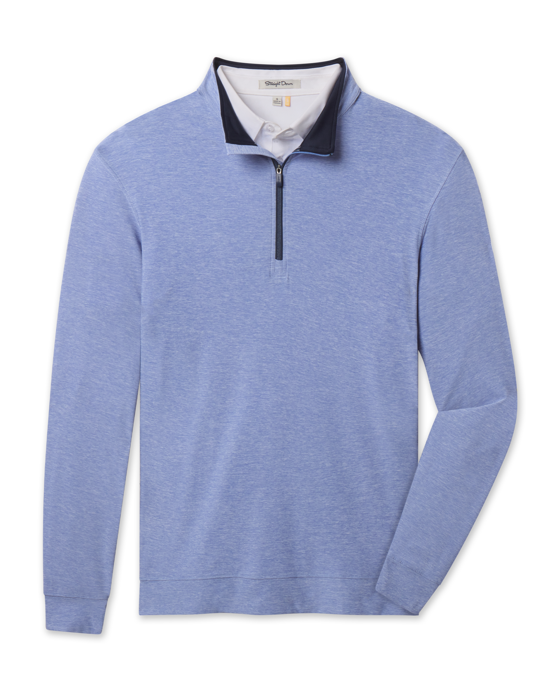 Oceanside 2.0 Quarter Zip in Tidal Blue with a heathered finish, contrast navy collar lining, and quarter-zip design
