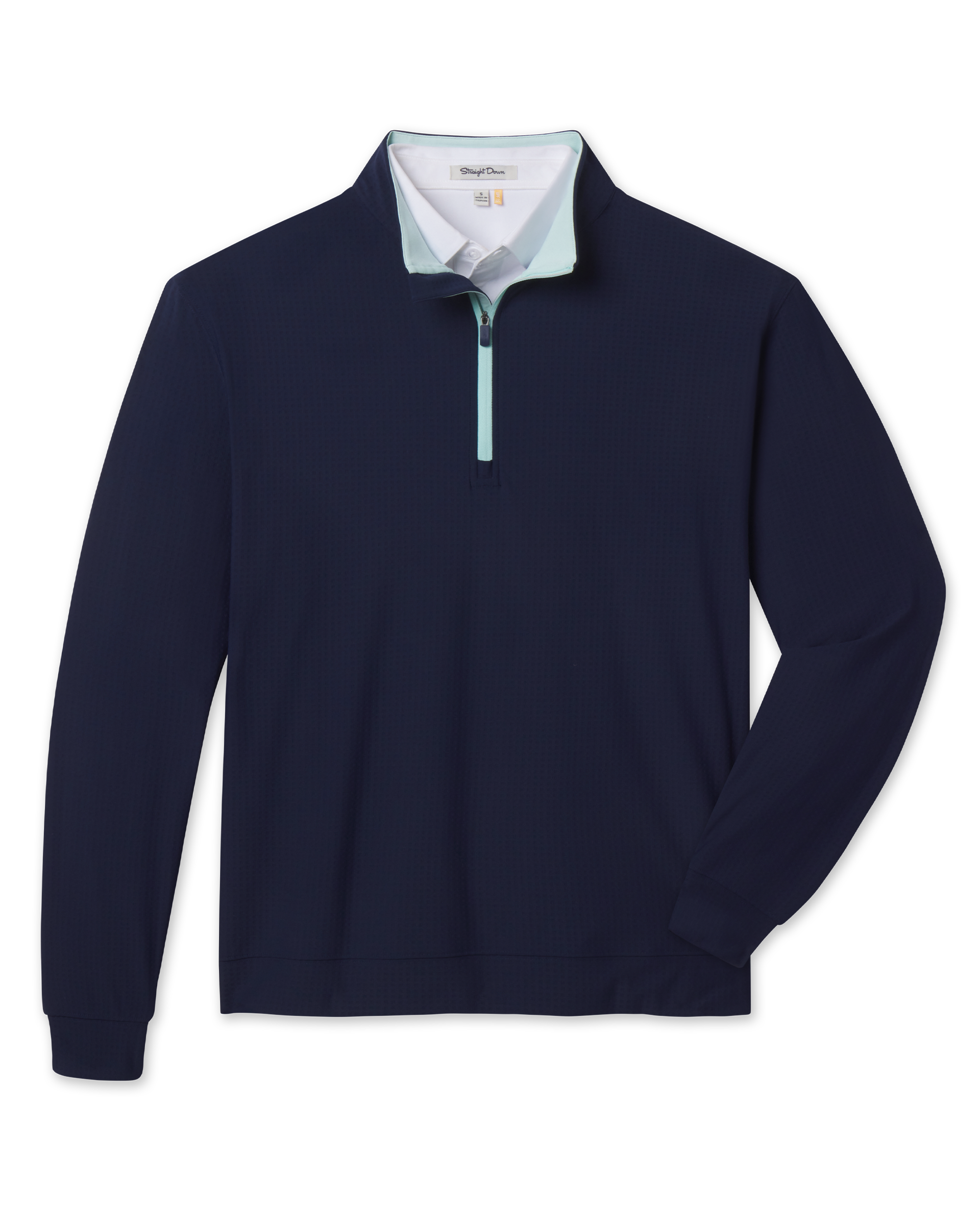 Bel Air Quarter Zip in New Indigo with mint trim at the zipper and inner collar.